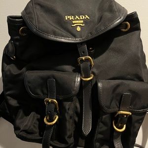 Authentic Prada Nylon Small Buckle Flap Backpack, Black and Gold